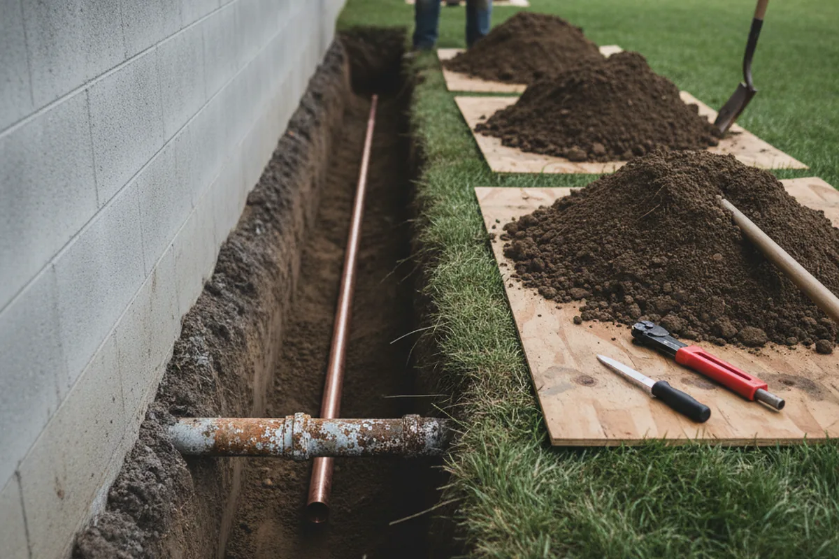 Excavated water line trench during Sewer Line Repair in Vandalia